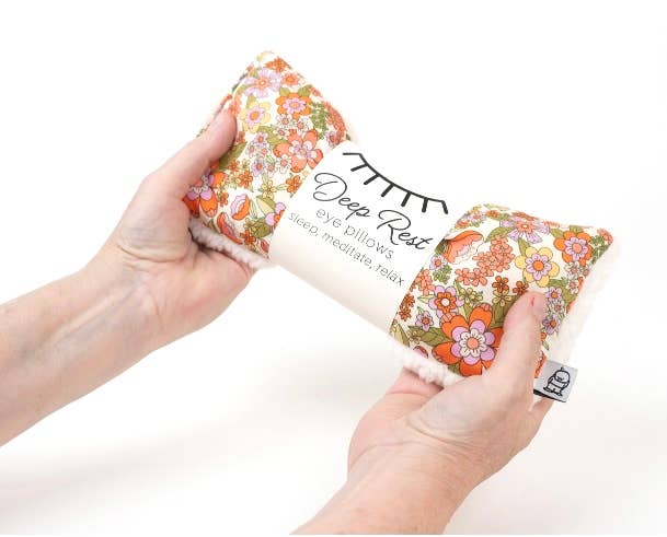 Tangerine, light pink and avocado green retro floral whimsy- Deep Rest Eye Pillow with rice filling for relaxation, stress relief, and improved sleep, featuring a cotton front and soft minky backing, ideal for heating or cooling