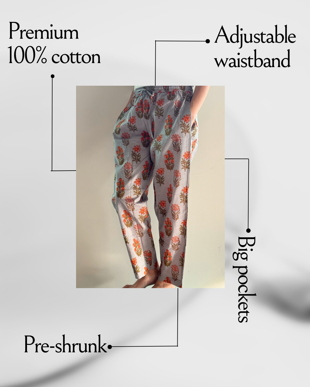 Comfy and breathable 100% cotton floral lounge and sleep pants with an adjustable waistband, deep side pockets, and a beautiful floral print.