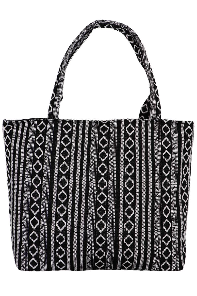 Black Striped Woven Canvas Tote Bag - PATTERN F