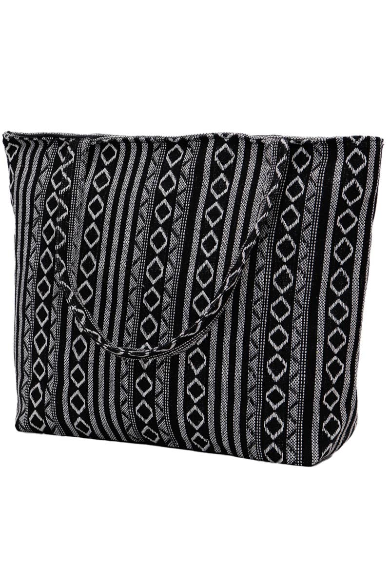 Black Striped Woven Canvas Tote Bag - PATTERN F