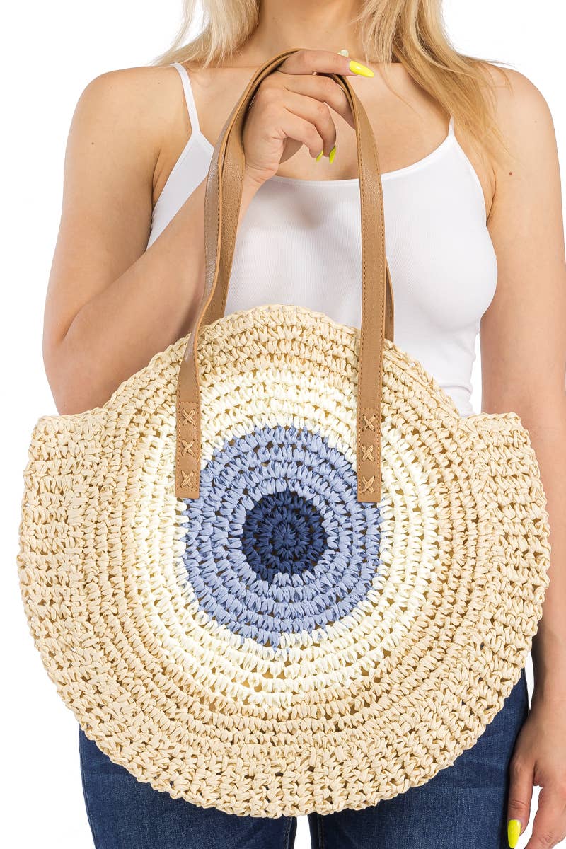 Boho Evil Eye Rattan Wicker Round Tote Bag