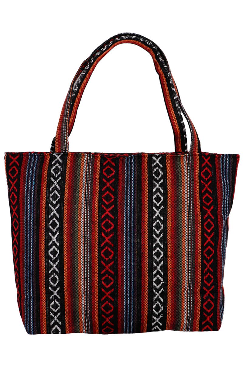 Red Striped Woven Canvas Tote Bag - PATTERN B