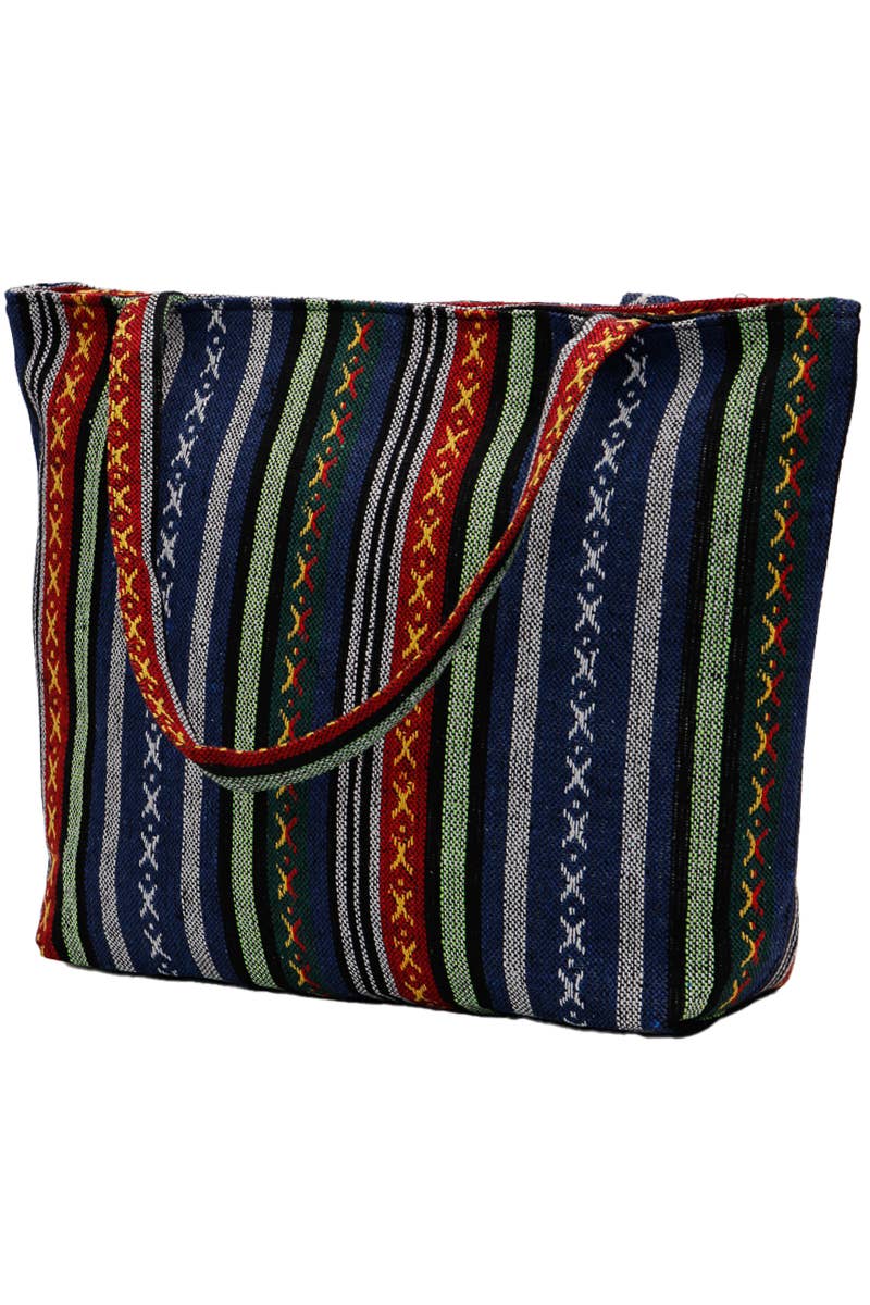 Blue Striped Woven Canvas Tote Bag - PATTERN C