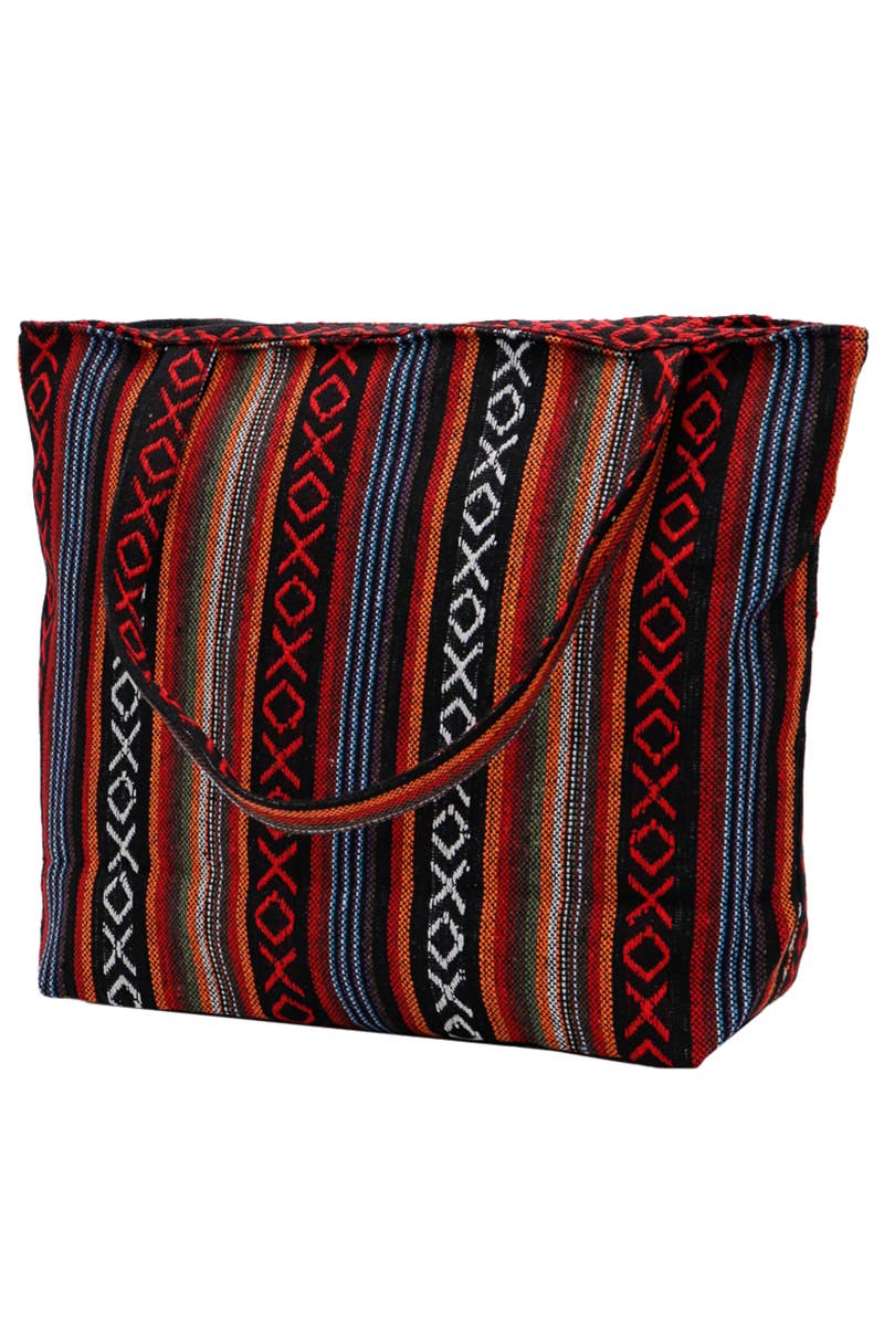 Red Striped Woven Canvas Tote Bag - PATTERN B