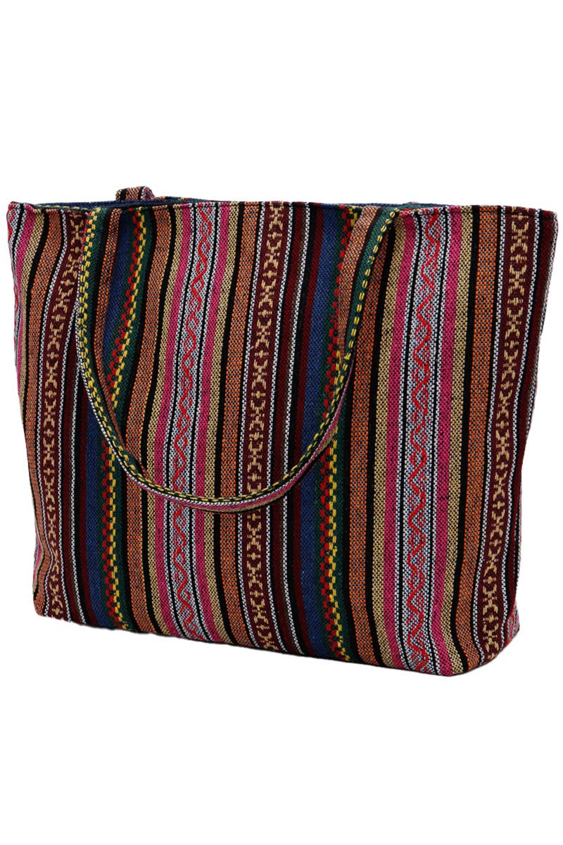 Pink/Burnt Umber Striped Woven Canvas Tote Bag - PATTERN E