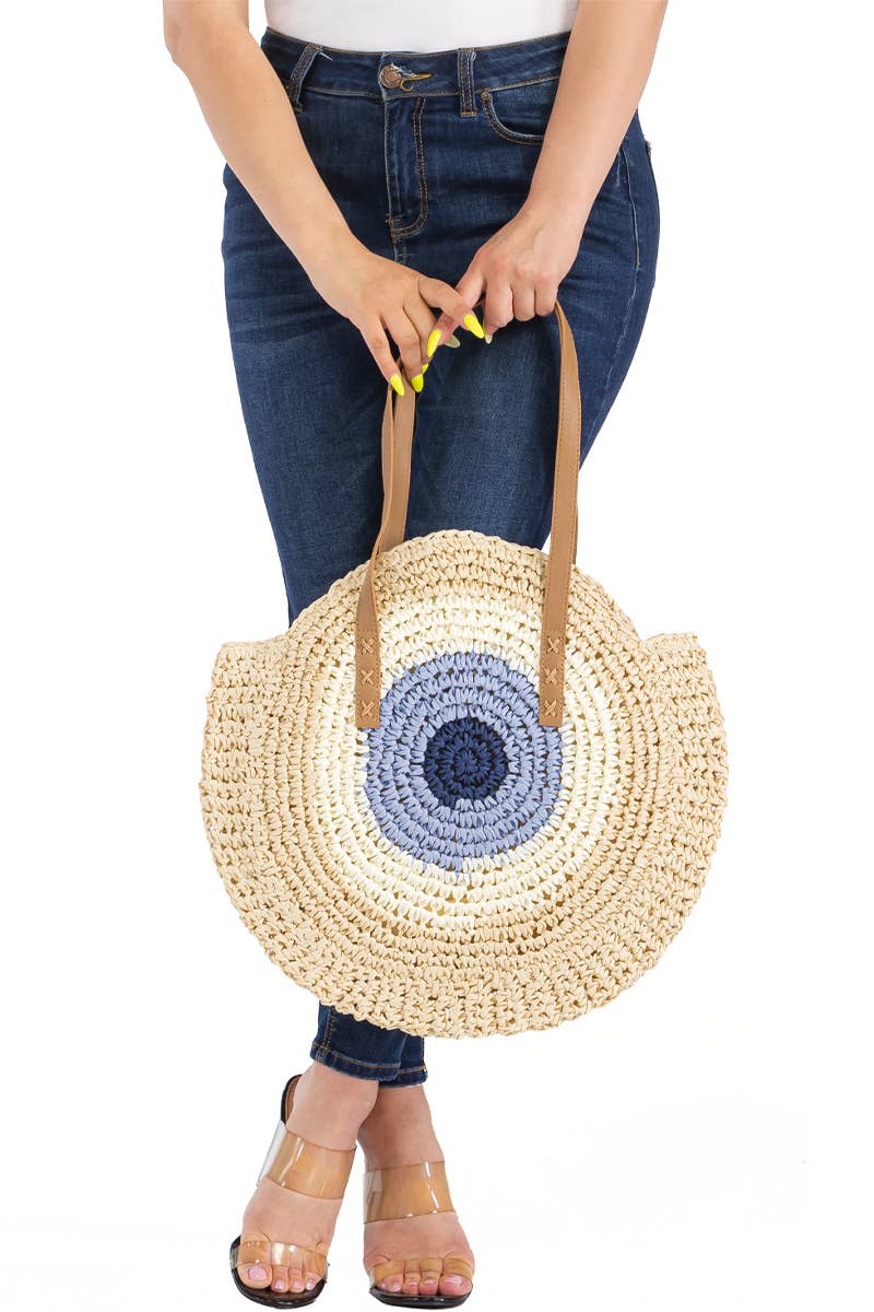 Boho Evil Eye Rattan Wicker Round Tote Bag