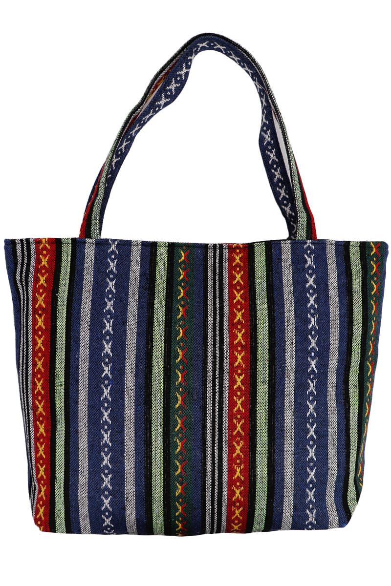 Blue Striped Woven Canvas Tote Bag - PATTERN C
