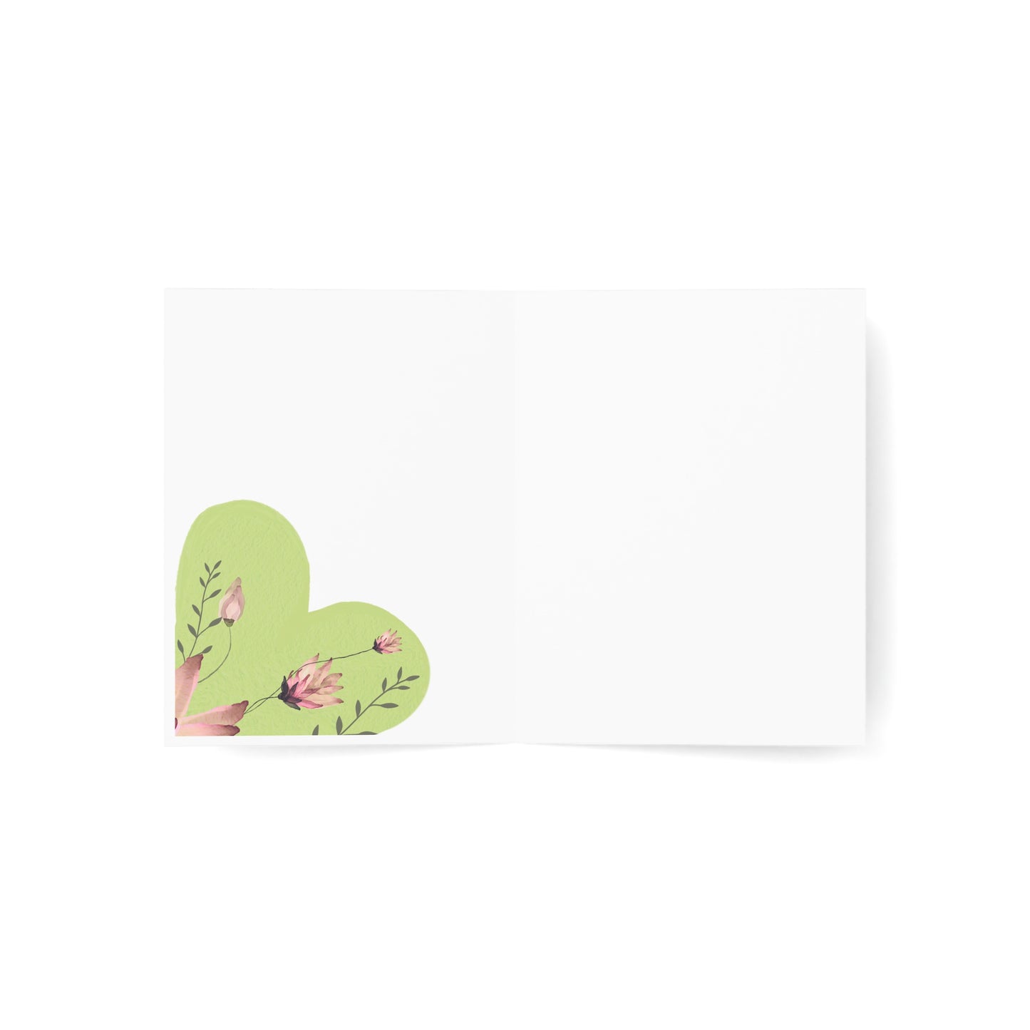 Interior image. Blank inside for your personalization. Inside left bottom corner, the pink flowers from the front -carry onto the inside of the card. Small flowers with a couple delicate vines create a heart shape