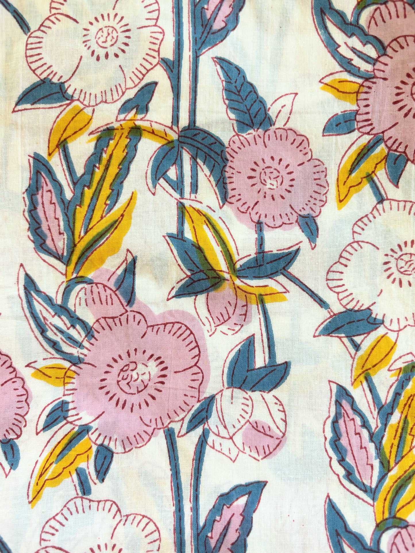 Soft white pants with light pink blooms and gray blue/yellow leaves vining throughout. Preshrunk, 100% cotton.Adjustable waistband, big pockets. Comfy and breathable 100% cotton floral lounge and sleep pants with an adjustable waistband, deep side pockets, and a beautiful floral print.