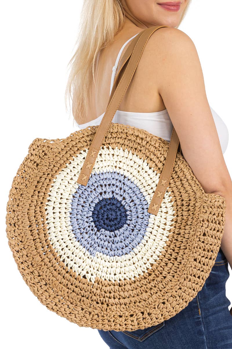 Boho Evil Eye woven rattan paper straw wicker round beach tote bag with faux leather trim, zipper closure, and double top handles, perfect for summer outings