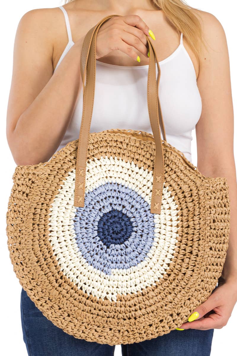Boho Evil Eye woven rattan paper straw wicker round beach tote bag with faux leather trim, zipper closure, and double top handles, perfect for summer outings