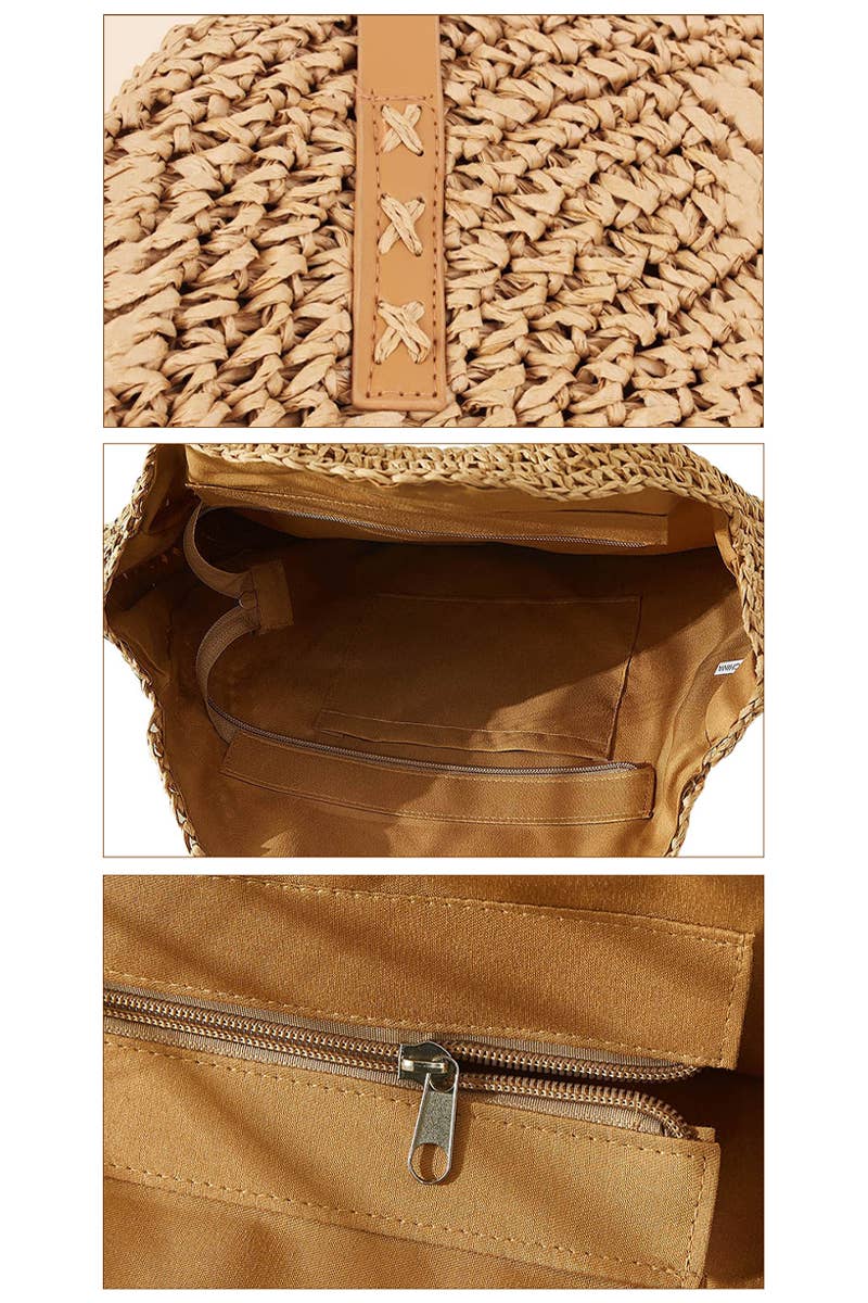 Boho Evil Eye woven rattan paper straw wicker round beach tote bag with faux leather trim, zipper closure, and double top handles, perfect for summer outings
