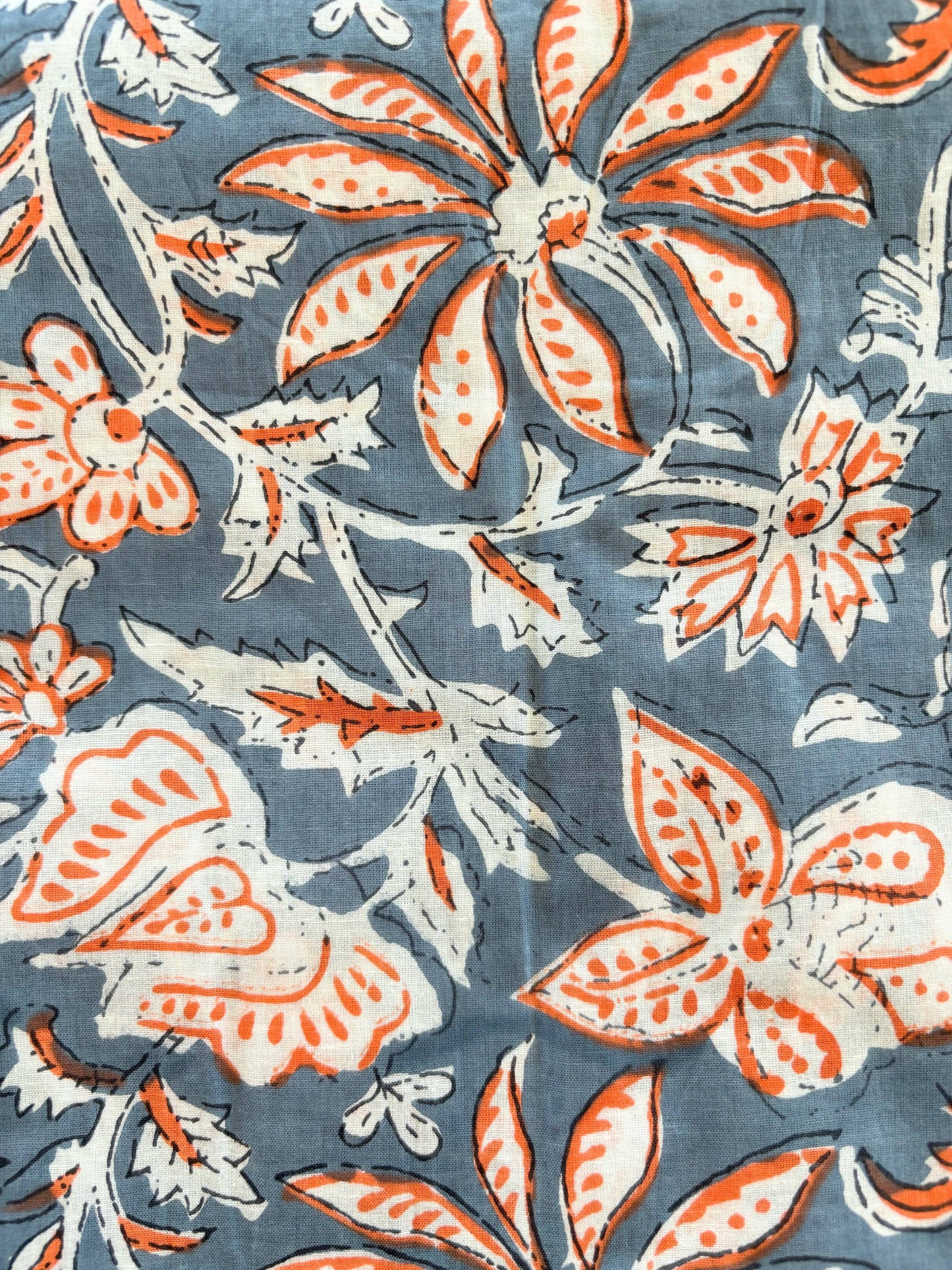 Gray blue with cream and orange blooms. Preshrunk, 100% cotton.Adjustable waistband, big pockets. Comfy and breathable 100% cotton floral lounge and sleep pants with an adjustable waistband, deep side pockets, and a beautiful floral print.