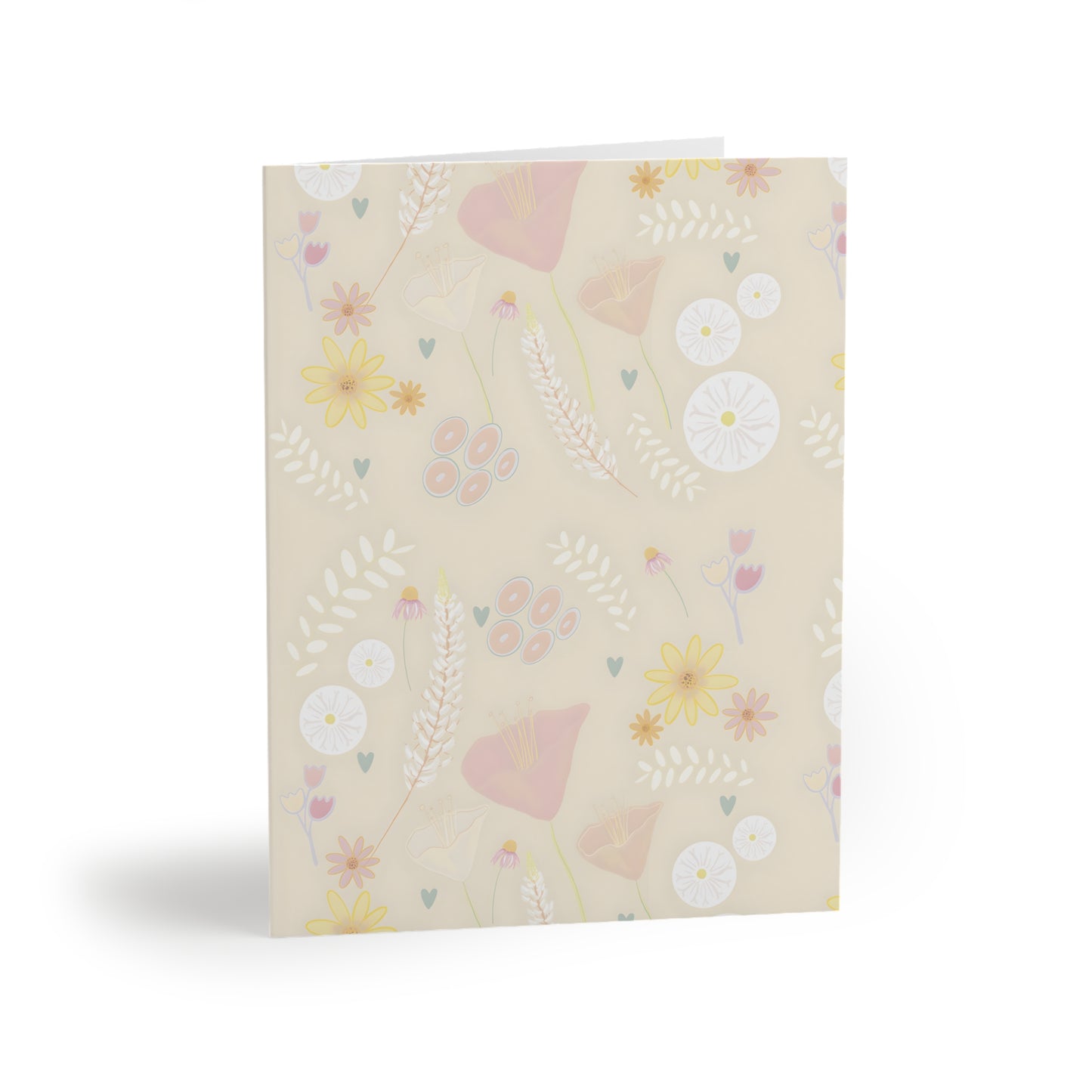 Front of a subtle cream-colored greeting card featuring a soft, pastel floral design with mixed flowers in gentle hues. The card’s minimalist elegance makes it suitable for various occasions. The inside of the card is blank, perfect for adding a personal message, with the back displaying the text 'Blank inside' and the company logo