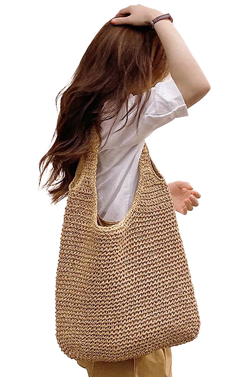 Crochet woven rattan straw wicker slouchy hobo bag with double top handles and zipper closure, perfect for summer outings and casual use