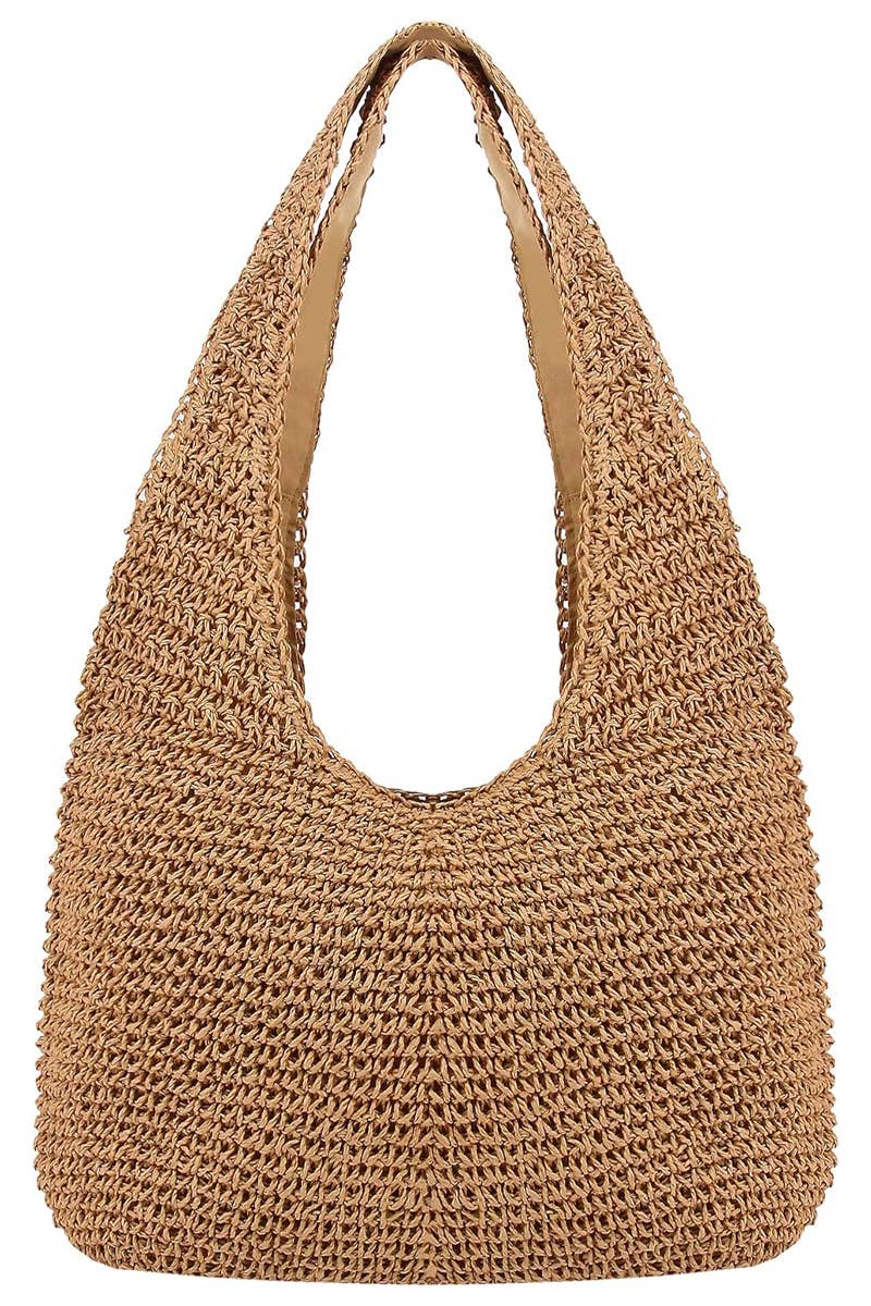 Crochet woven rattan straw wicker slouchy hobo bag with double top handles and zipper closure, perfect for summer outings and casual use