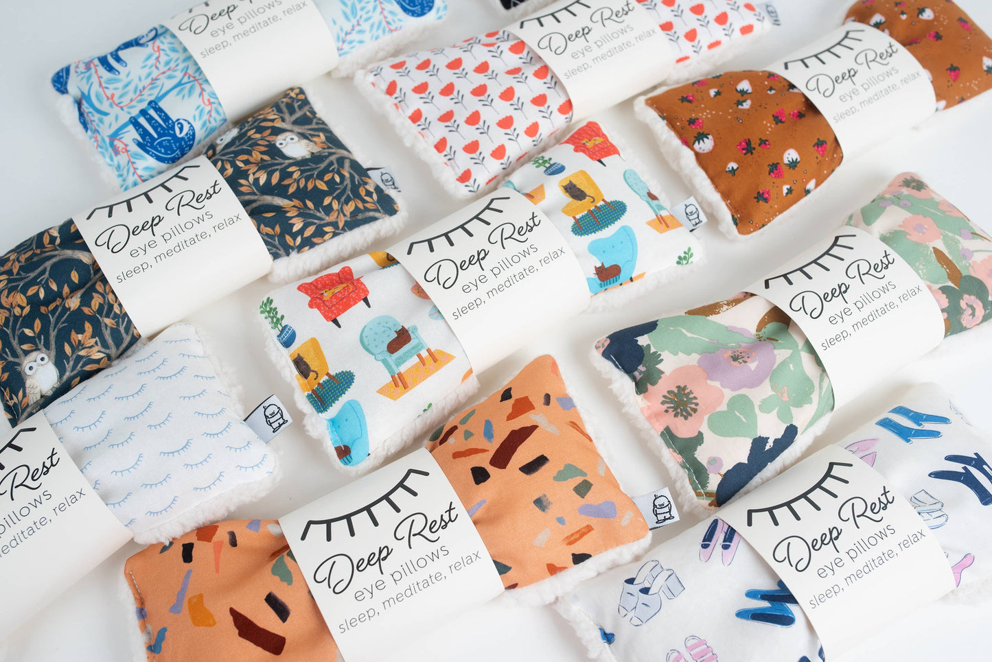Deep Rest Eye Pillow for relaxation, stress relief, and sleep improvement. Features soft cotton front, minky backing, and soothing rice filling for acupressure and comfort. Can be used heated or chilled for enhanced relaxation