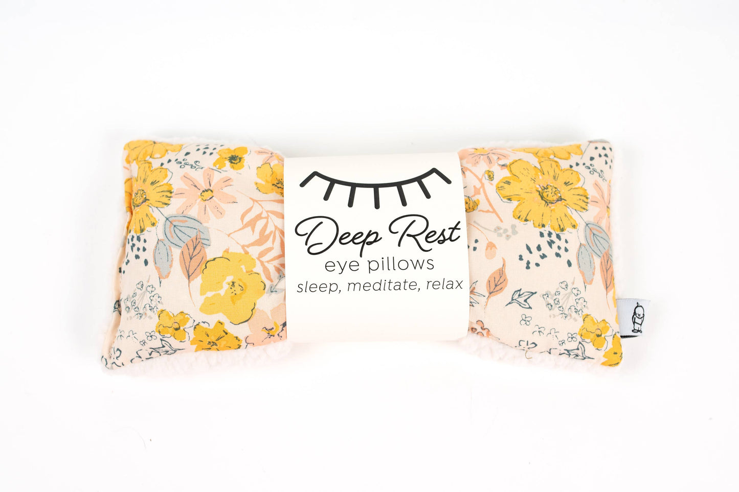 Sunrise, yellow and cream floral pattern Deep Rest Eye Pillow with rice filling for relaxation, stress relief, and improved sleep, featuring a cotton front and soft minky backing, ideal for heating or cooling