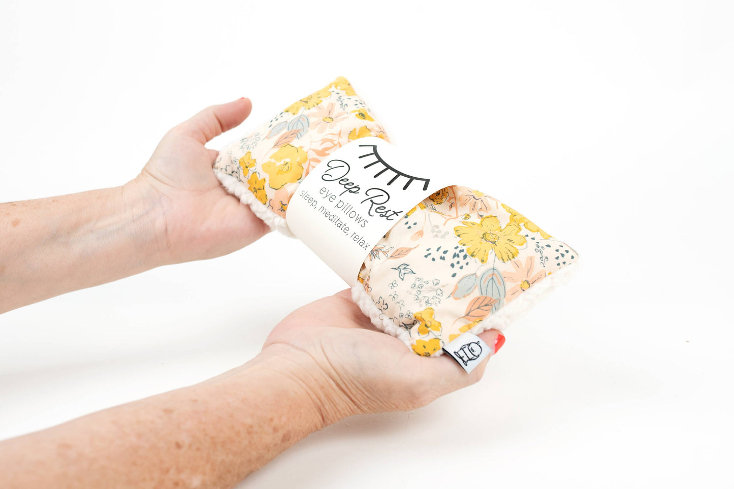 Sunrise, yellow and cream floral pattern Deep Rest Eye Pillow with rice filling for relaxation, stress relief, and improved sleep, featuring a cotton front and soft minky backing, ideal for heating or cooling