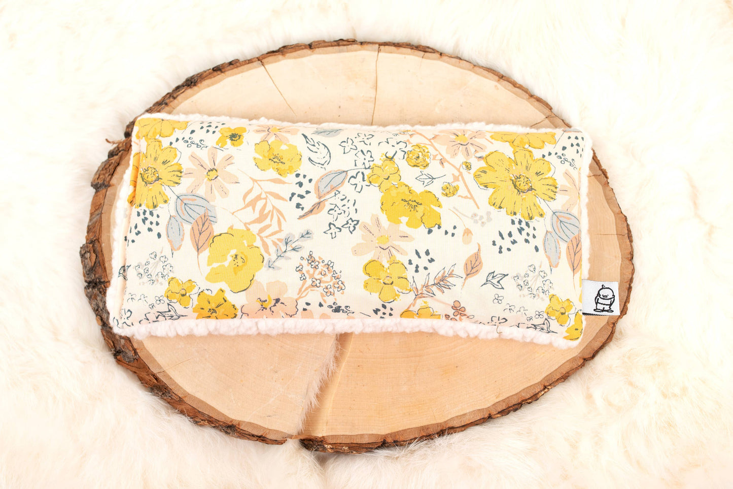 Sunrise, yellow and cream floral pattern Deep Rest Eye Pillow with rice filling for relaxation, stress relief, and improved sleep, featuring a cotton front and soft minky backing, ideal for heating or cooling