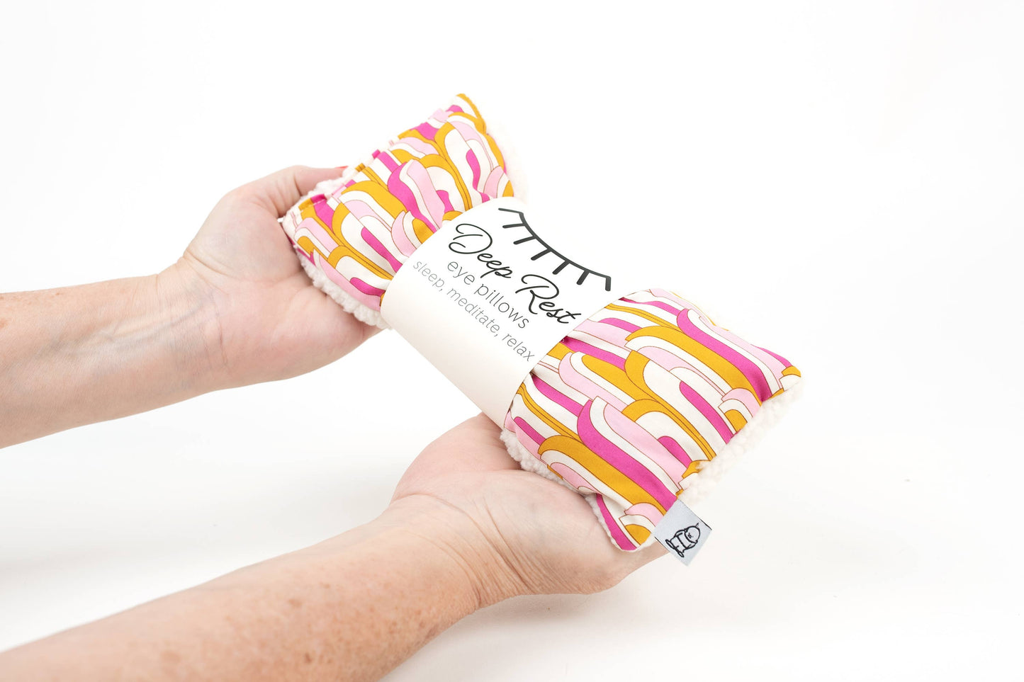 Mod Hot pink, mustard yellow and white - Deep Rest Eye Pillow with rice filling for relaxation, stress relief, and improved sleep, featuring a cotton front and soft minky backing, ideal for heating or cooling
