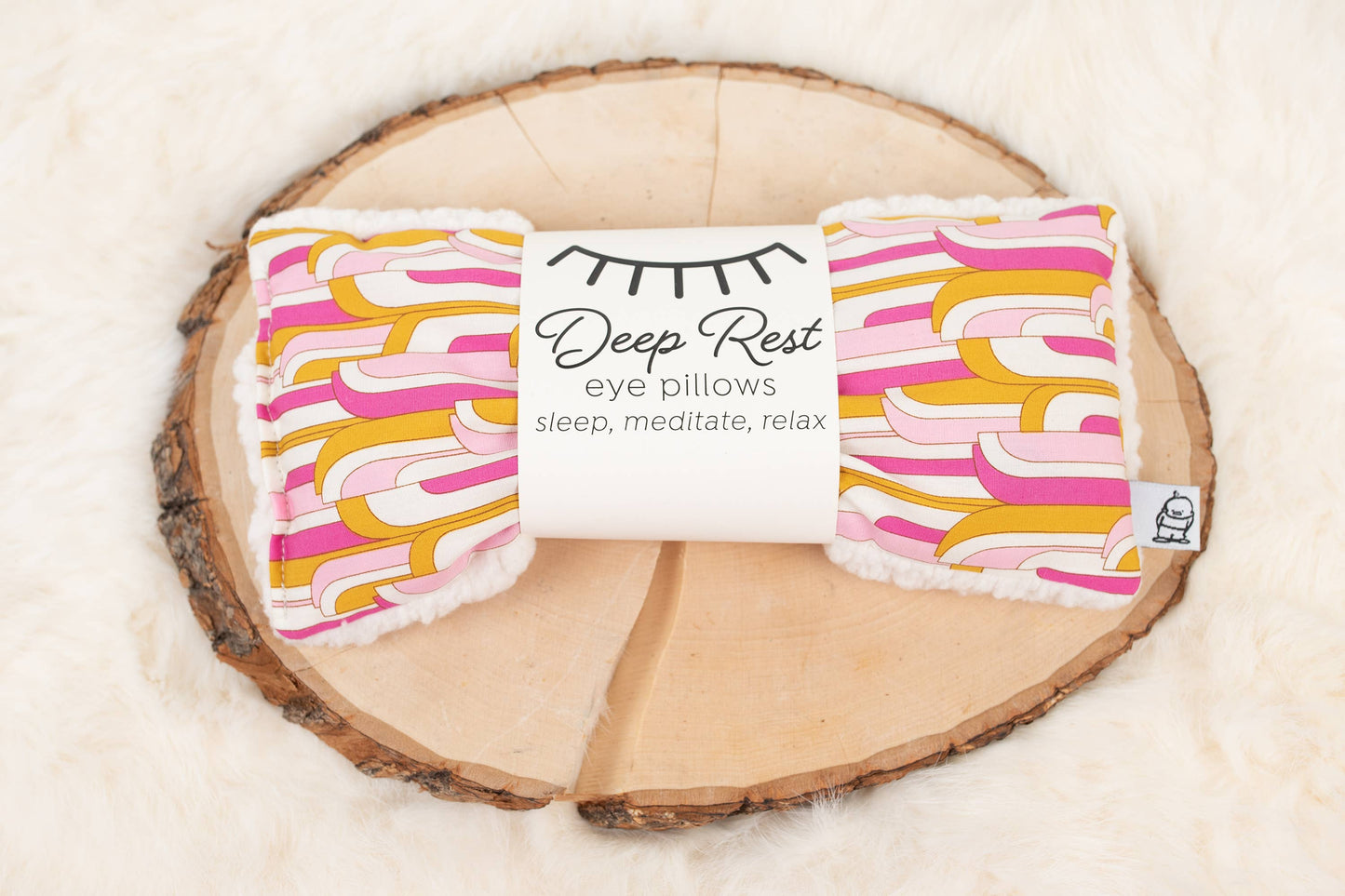 Mod Hot pink, mustard yellow and white - Deep Rest Eye Pillow with rice filling for relaxation, stress relief, and improved sleep, featuring a cotton front and soft minky backing, ideal for heating or cooling