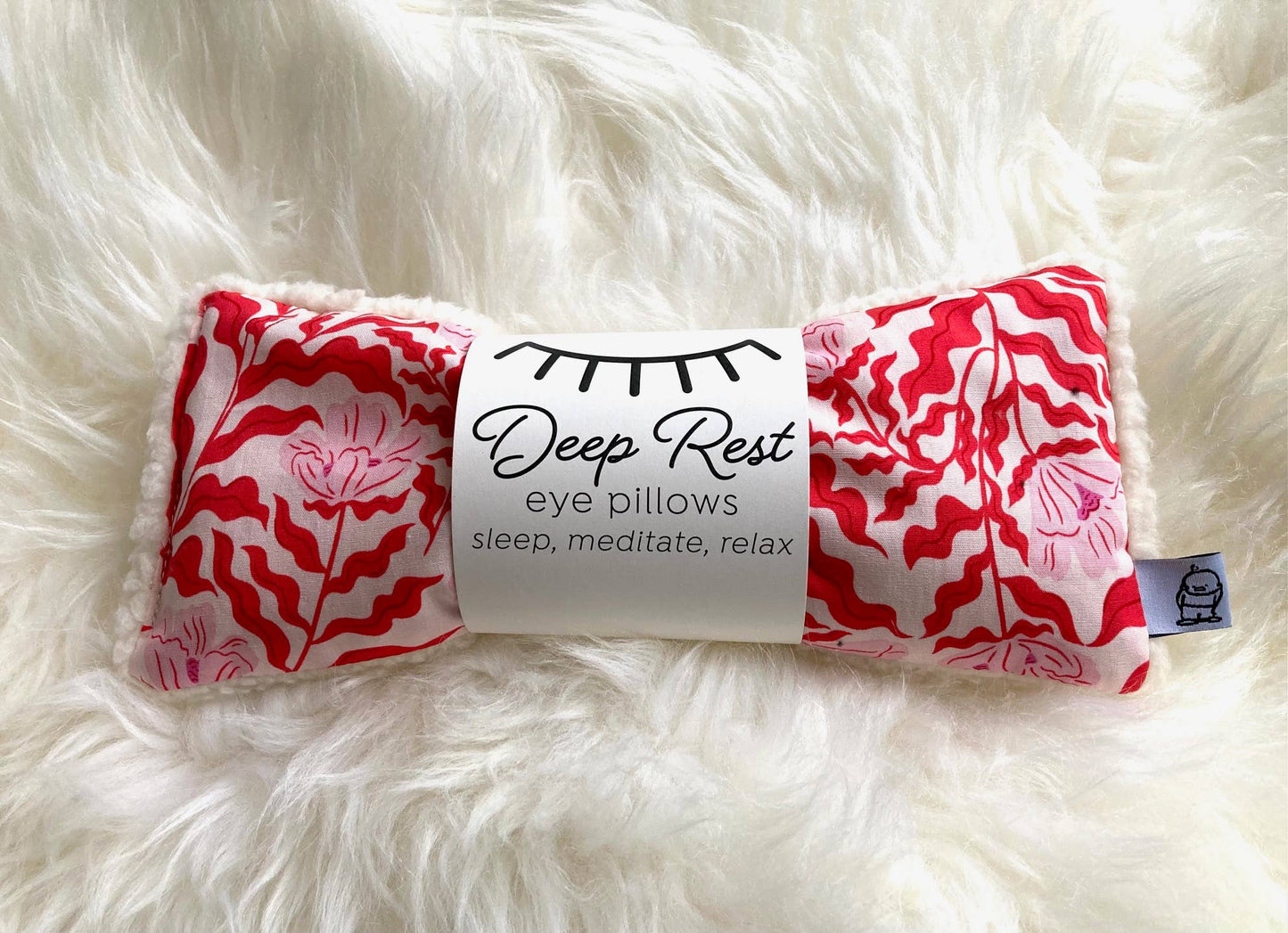 Red, pinkie and white tropical style - Deep Rest Eye Pillow with rice filling for relaxation, stress relief, and improved sleep, featuring a cotton front and soft minky backing, ideal for heating or cooling