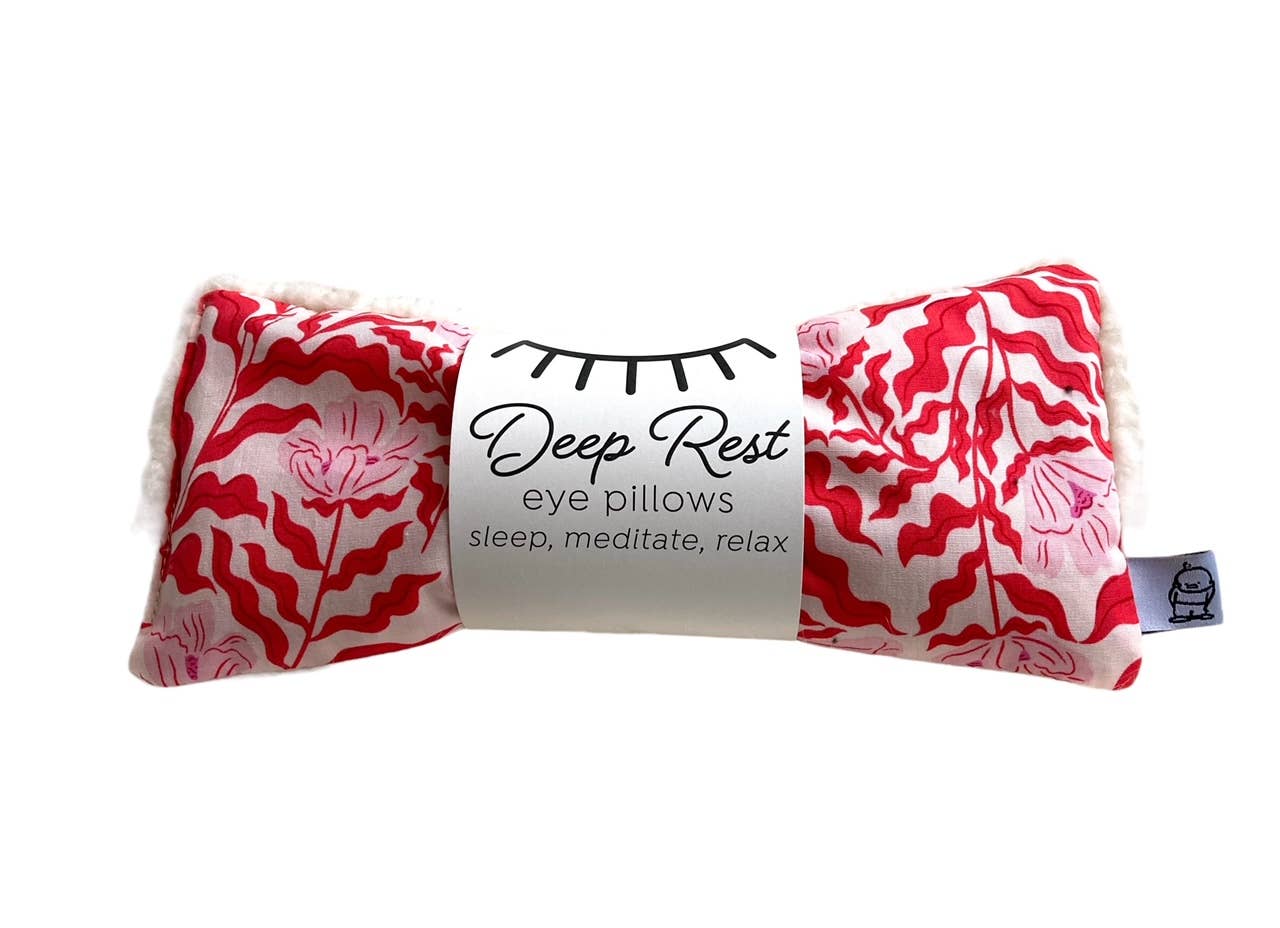 Red, pinkie and white tropical style - Deep Rest Eye Pillow with rice filling for relaxation, stress relief, and improved sleep, featuring a cotton front and soft minky backing, ideal for heating or cooling