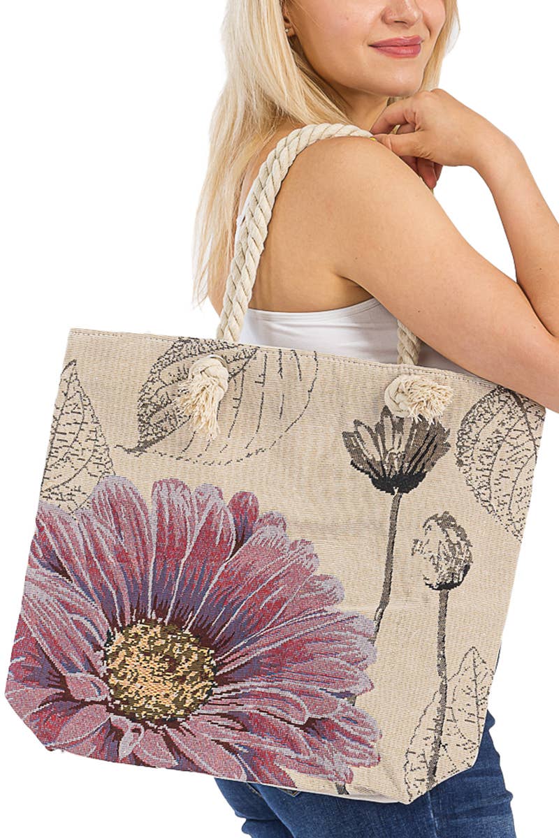 Gerbera Daisy floral woven tapestry design on a burlap canvas tote bag with rope handles, perfect for spring and summer outings.