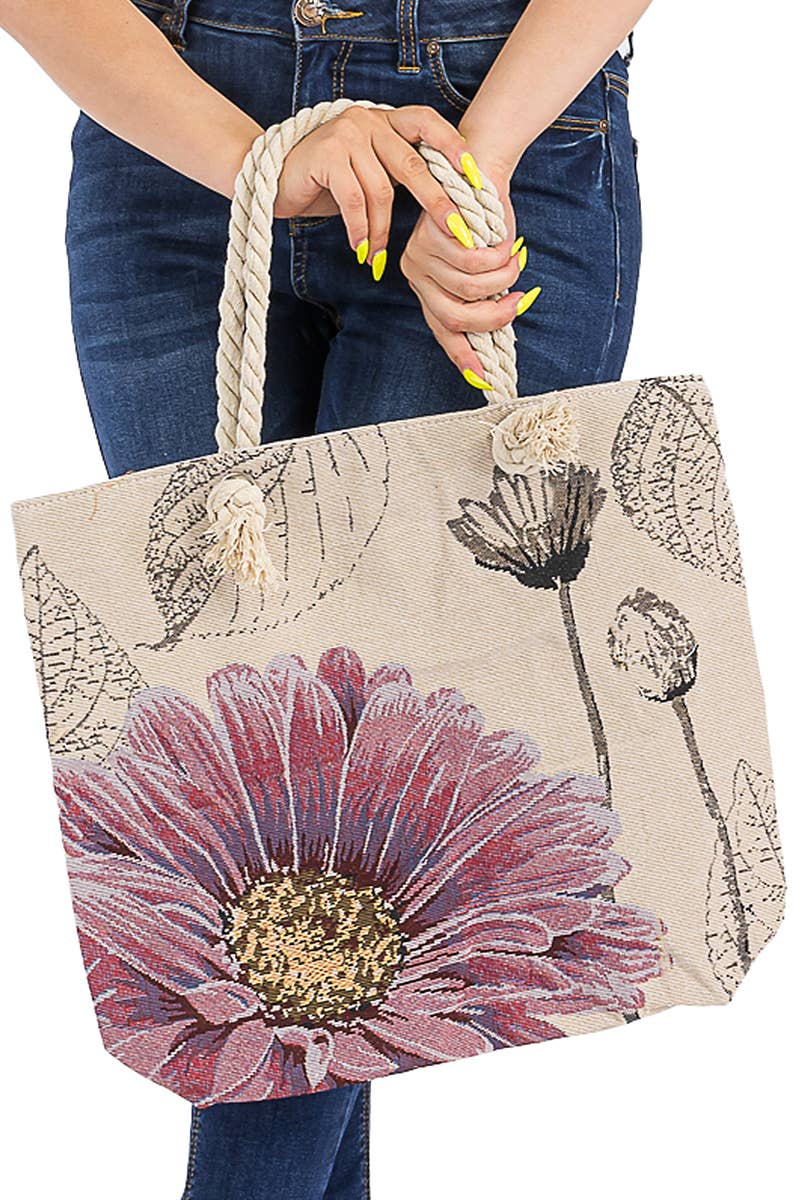 Gerbera Daisy floral woven tapestry design on a burlap canvas tote bag with rope handles, perfect for spring and summer outings