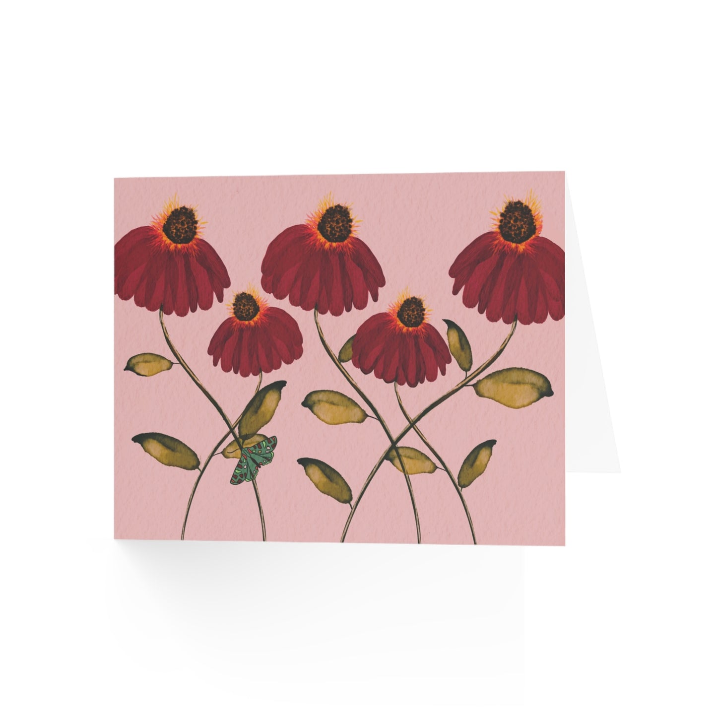 This greeting card is pink with 5 red echinacea Conehead flowers drawn in watercolor with green stems and leaves and one single colorful month on a lower stem.