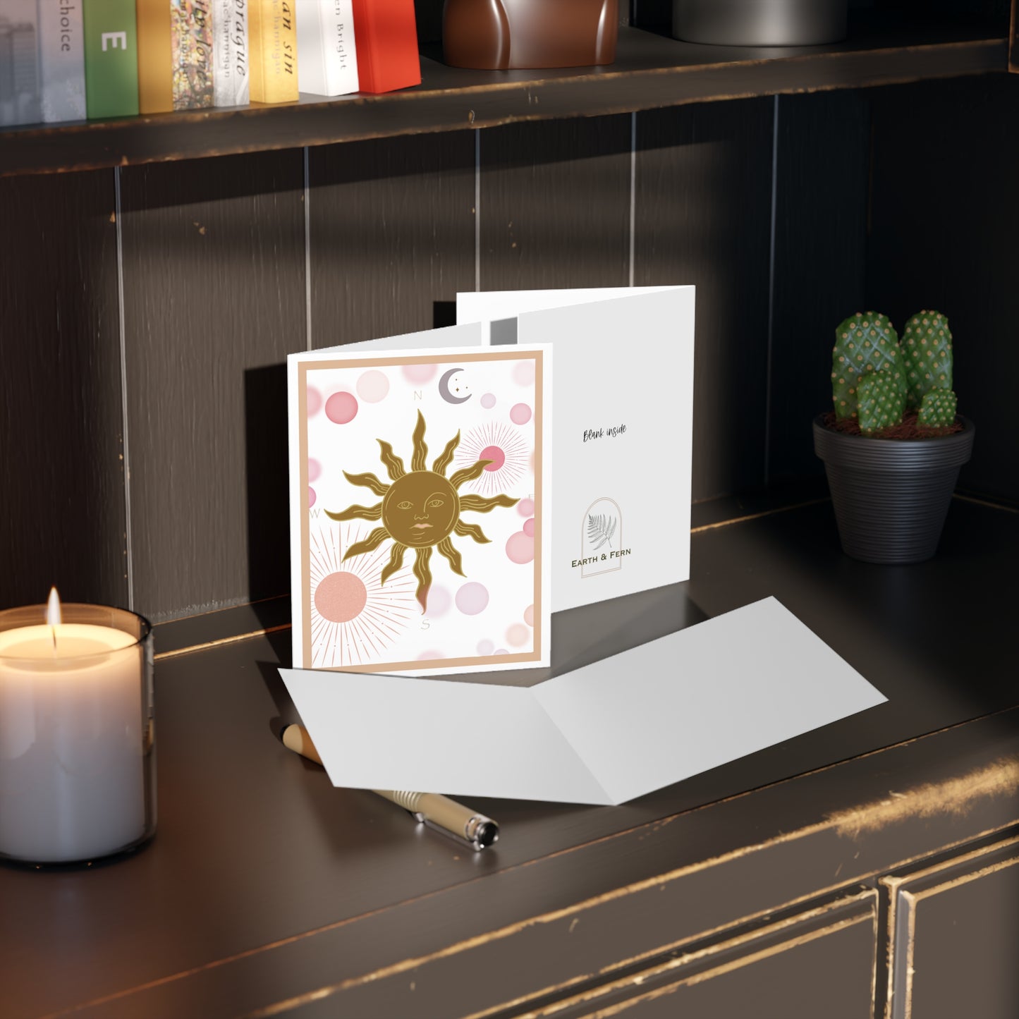 Card shows the inside, which is left blank and the back which shows the words blank inside and the Earth and Fern Logo at the bottom.
