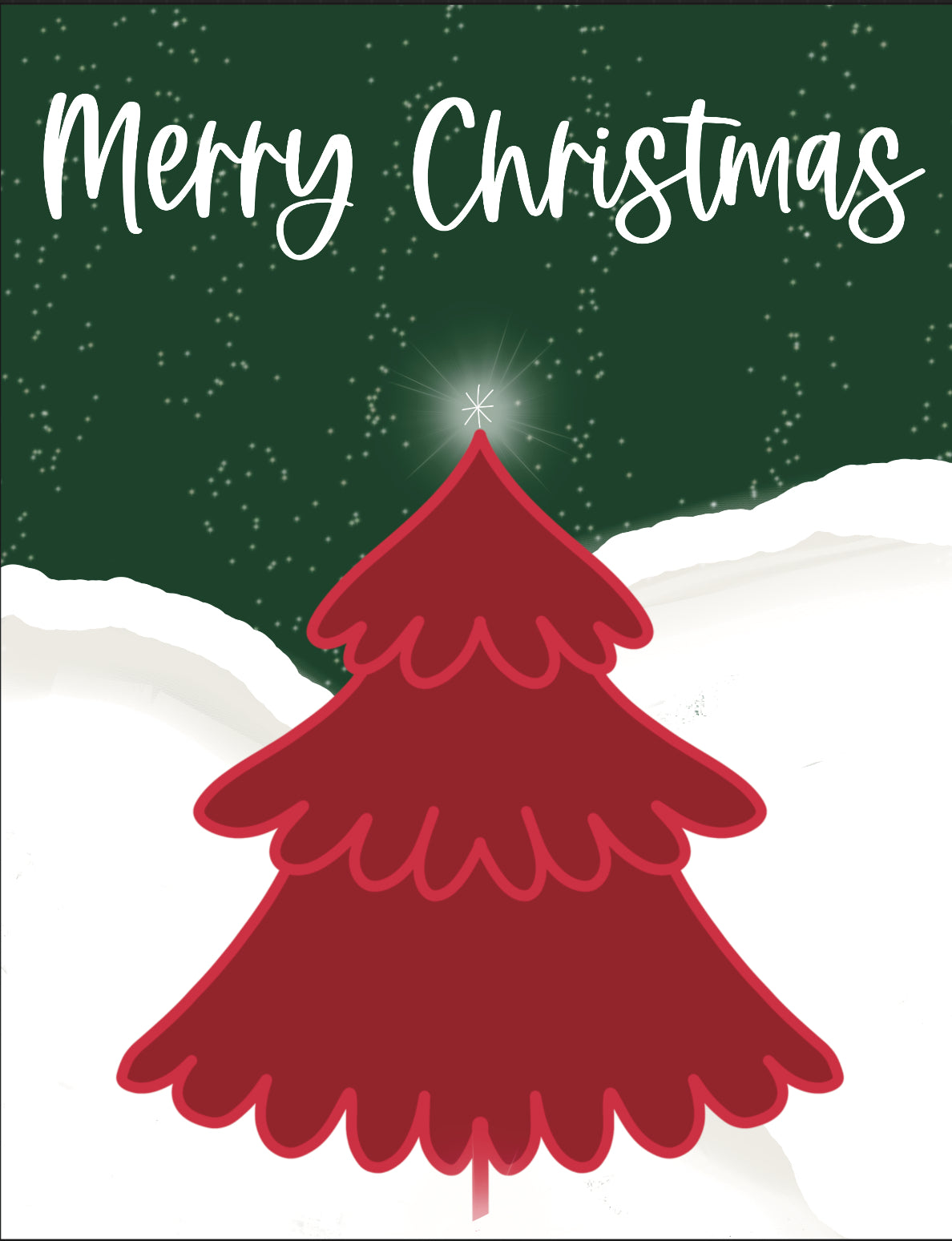 Charming greeting card featuring a red Christmas tree adorned with decorations, set against a snowy landscape and a night sky with light snowflakes falling, with the words 'Merry Christmas' elegantly displayed near the top.