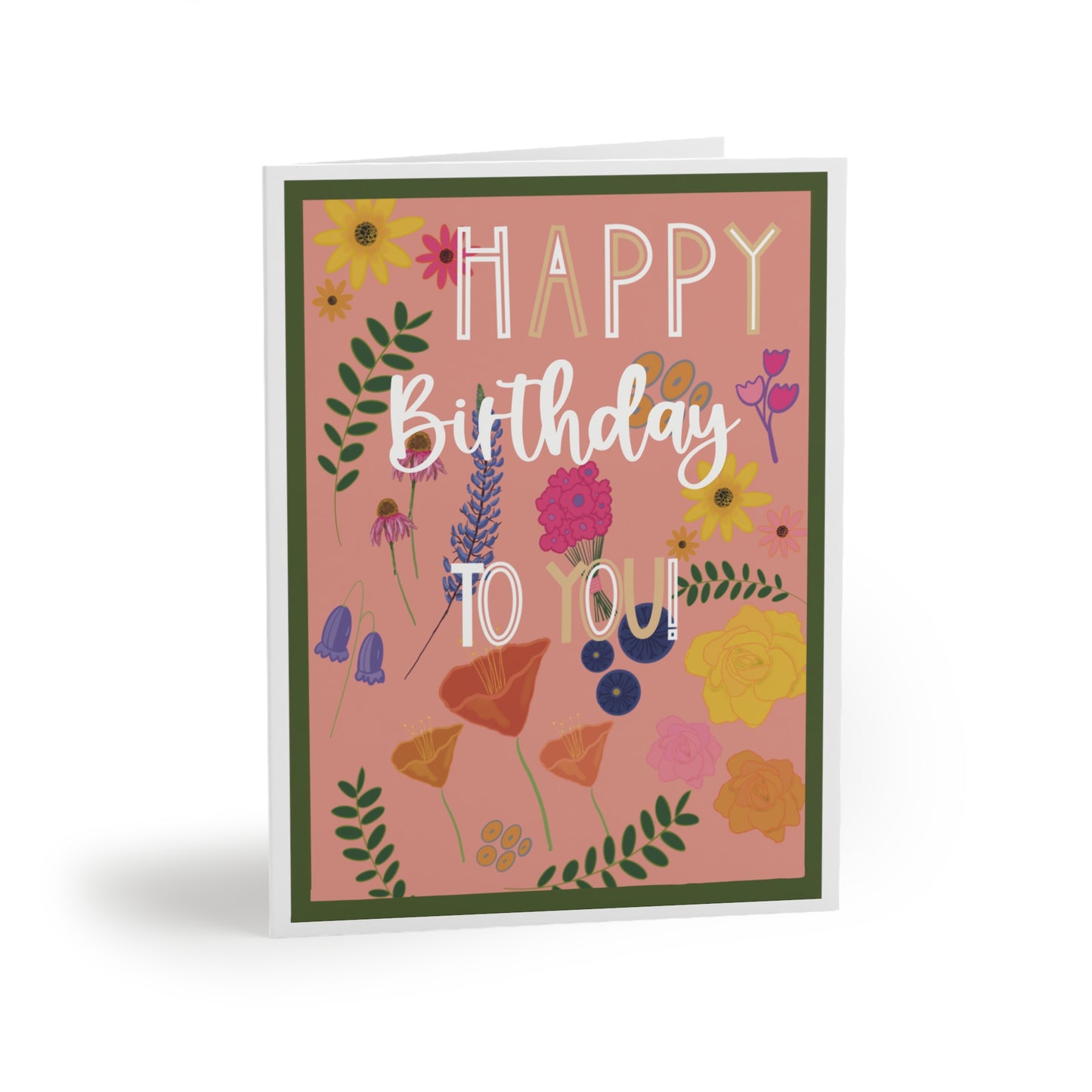 Greeting card featuring a green and white border, a pink background with a mixed tiny multicolor floral pattern, and 'Happy Birthday to You' written in white.