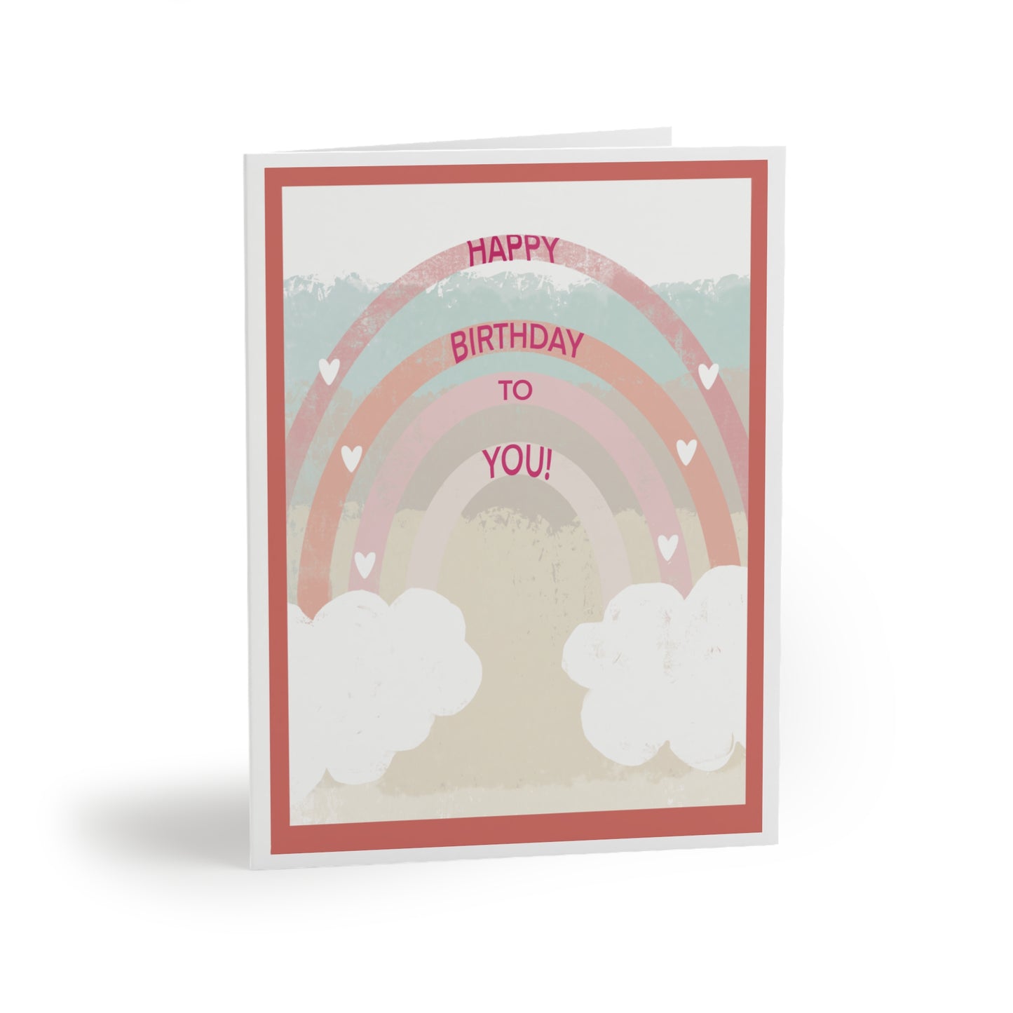 Birthday greeting card with a pastel rainbow design, featuring two cute clouds on each end. The words “Happy Birthday to You” are written across the rainbow in cheerful, playful lettering. The card is blank inside, allowing for a personal message, and has a company logo on the back. Perfect for a colorful, fun birthday greeting.