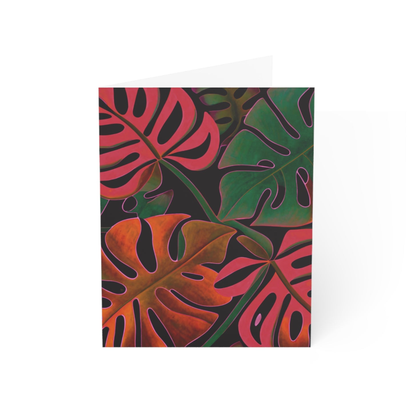 A vibrant Holiday Monstera greeting card with tropical leaf design, perfect for sending festive wishes during holidays and celebrations. Printed on high-quality paper for a premium feel.