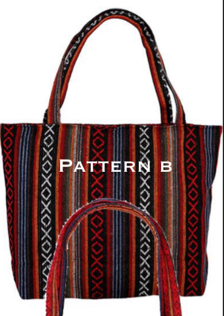 Red Striped Woven Canvas Tote Bag - PATTERN B