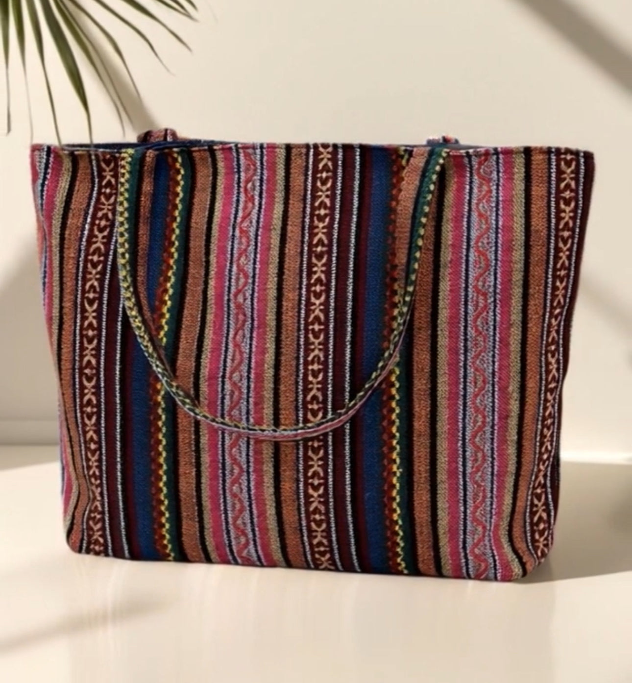 Pink/Burnt Umber Striped Woven Canvas Tote Bag - PATTERN E