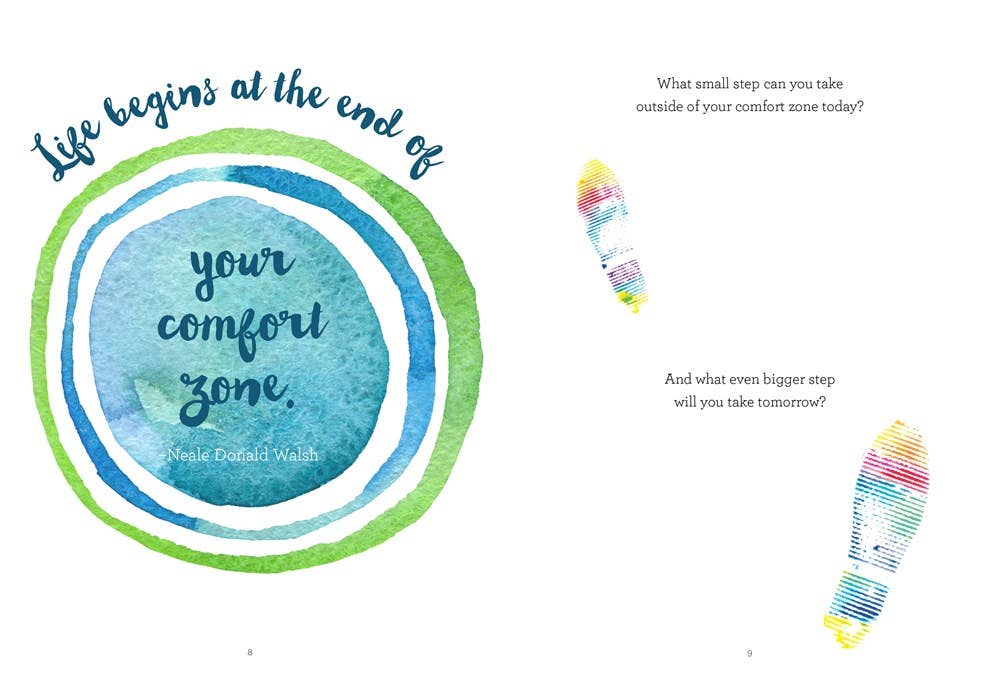 Joy workbook with colorful pages, offering guided questions, quotations, and meditations to help readers appreciate the present moment and embrace mindfulness