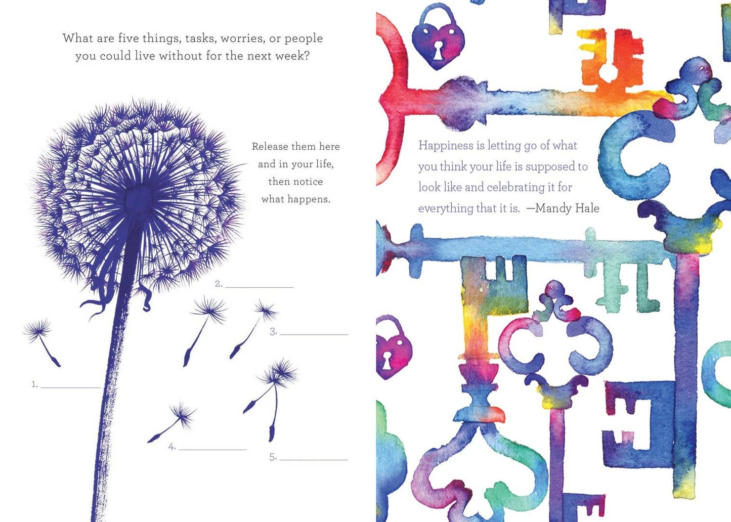 Joy workbook with colorful pages, offering guided questions, quotations, and meditations to help readers appreciate the present moment and embrace mindfulness
