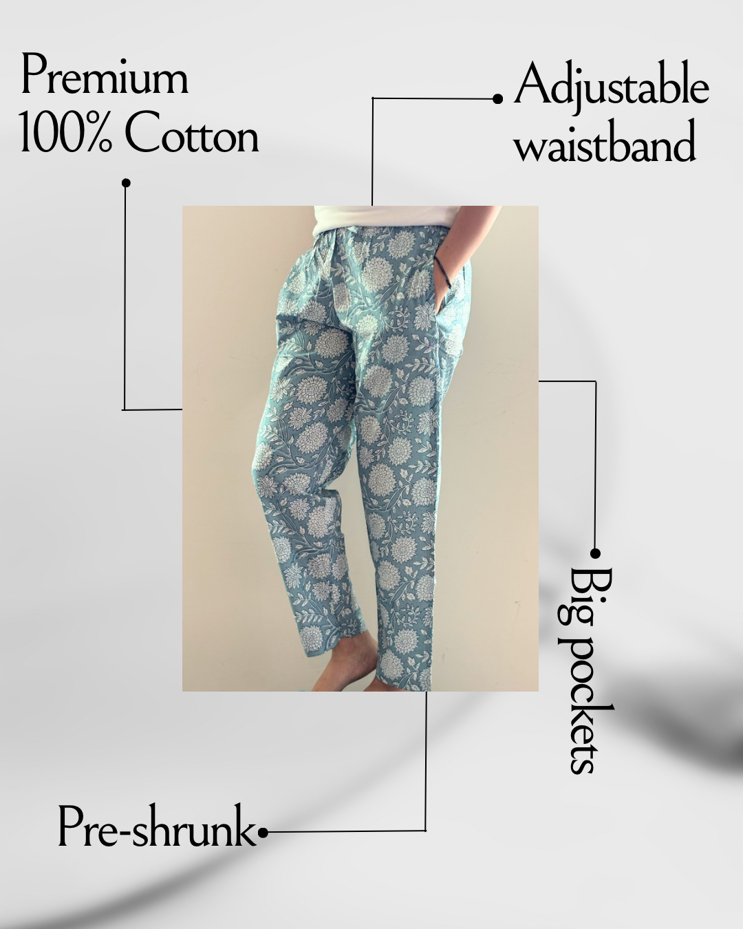 Preshrunk, 100% cotton.Adjustable waistband, big pockets. Comfy and breathable 100% cotton floral lounge and sleep pants with an adjustable waistband, deep side pockets, and a beautiful floral print.
