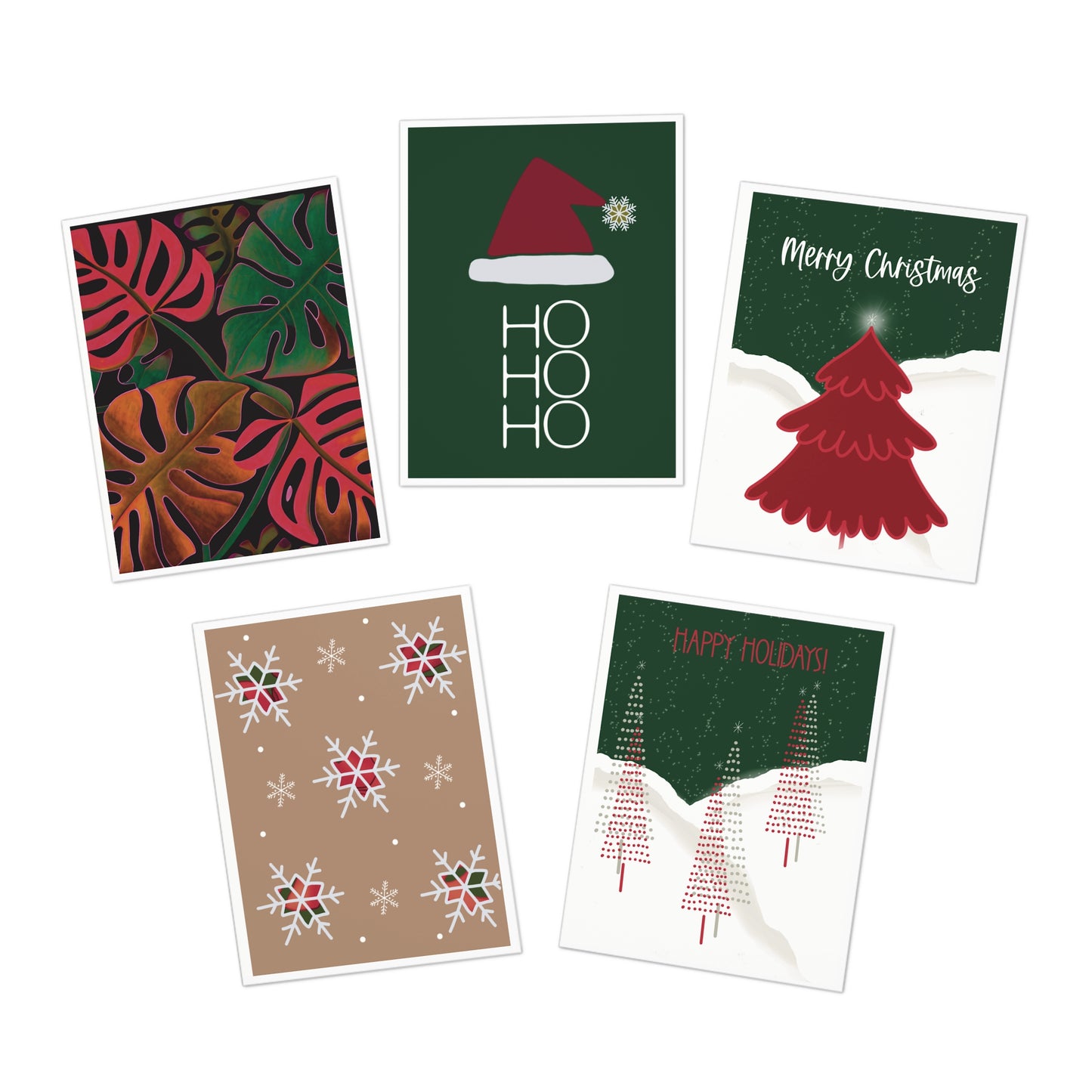 Set of five mixed greeting cards including: a monstera plant in shades of red and green, a chartreuse card with a red Santa hat and 'Ho, Ho, Ho,' a night sky card in green with snow and a red tree, a tan card with white snowflakes featuring red and green plaid inlays, and a night sky card with snow and six skinny pencil Christmas trees made of green and red dots