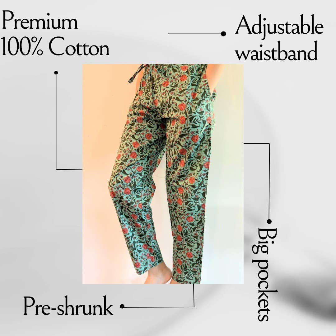 Preshrunk, 100% cotton.Adjustable waistband, big pockets. Comfy and breathable 100% cotton floral lounge and sleep pants with an adjustable waistband, deep side pockets, and a beautiful floral print.