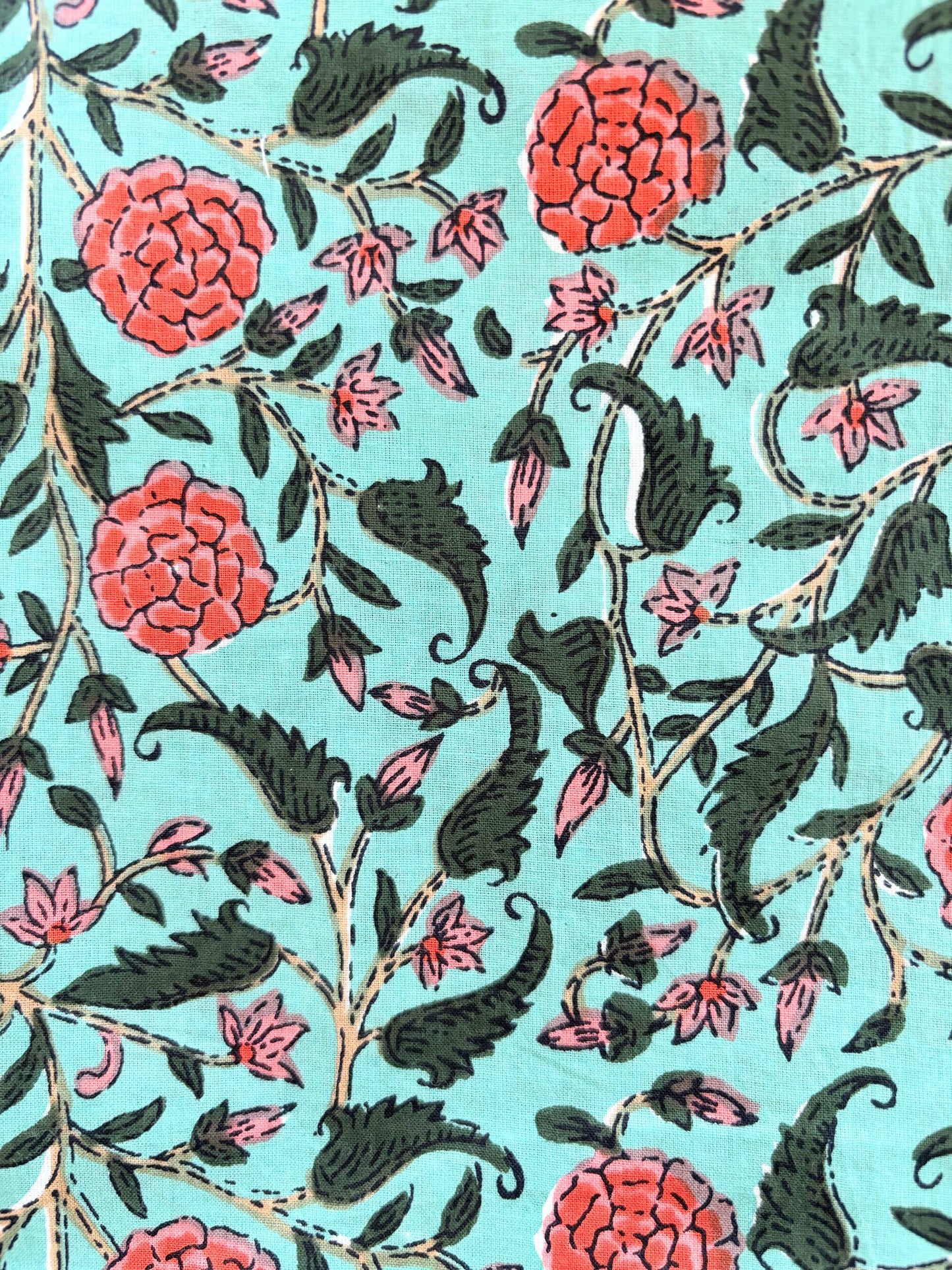 Light Aqua quart salmon pink and coral blooms, with green vining leaves throughout. Preshrunk, 100% cotton.Adjustable waistband, big pockets. Comfy and breathable 100% cotton floral lounge and sleep pants with an adjustable waistband, deep side pockets, and a beautiful floral print.