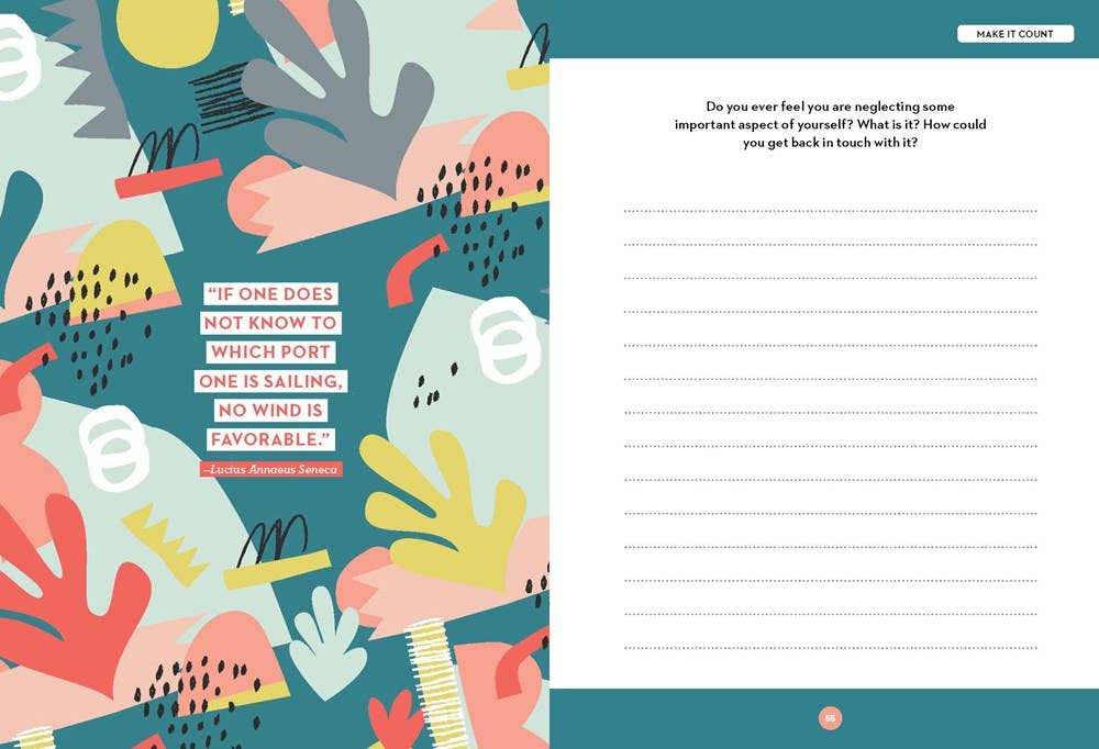 Positive psychology self-care journal by Jennifer King Lindley, featuring exercises, writing prompts, and inspirational quotes to guide personal growth and self-discovery. Interior pages give prompts with blank areas for your personal thoughts.