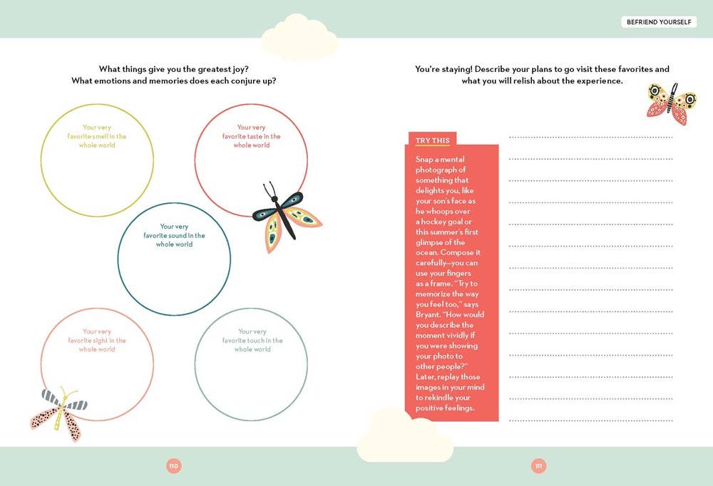 Positive psychology self-care journal by Jennifer King Lindley, featuring exercises, writing prompts, and inspirational quotes to guide personal growth and self-discovery. Interior pages give prompts with blank areas for your personal thoughts.