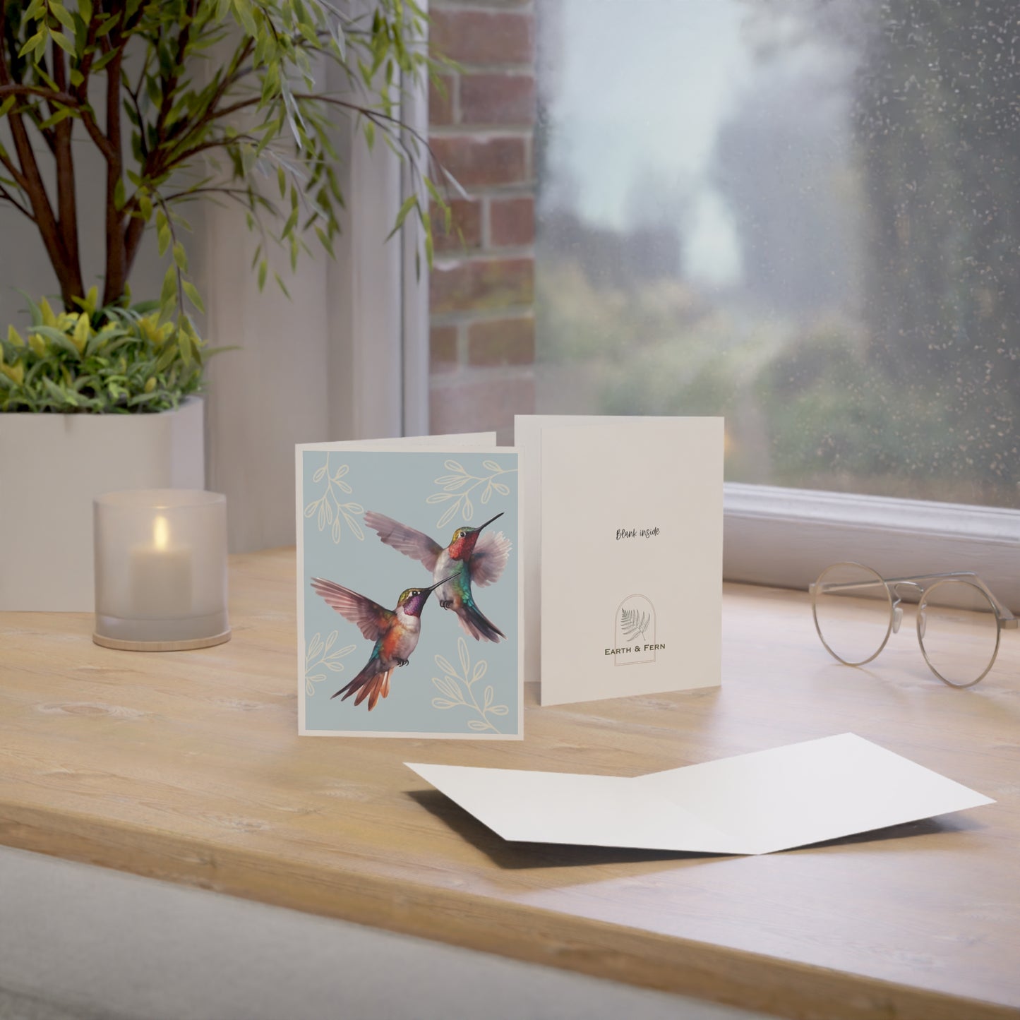 Front of a greeting card with a soft light blue background featuring two vibrant, colorful hummingbirds in flight, drawn in a realistic style. The hummingbirds are surrounded by delicate cream-colored leaves, adding to the natural beauty of the design. The card exudes a peaceful, nature-inspired aesthetic, perfect for sending heartfelt greetings. The inside of the card is blank, ideal for personal messages, and the back includes the text 'Blank inside' along with the company logo.