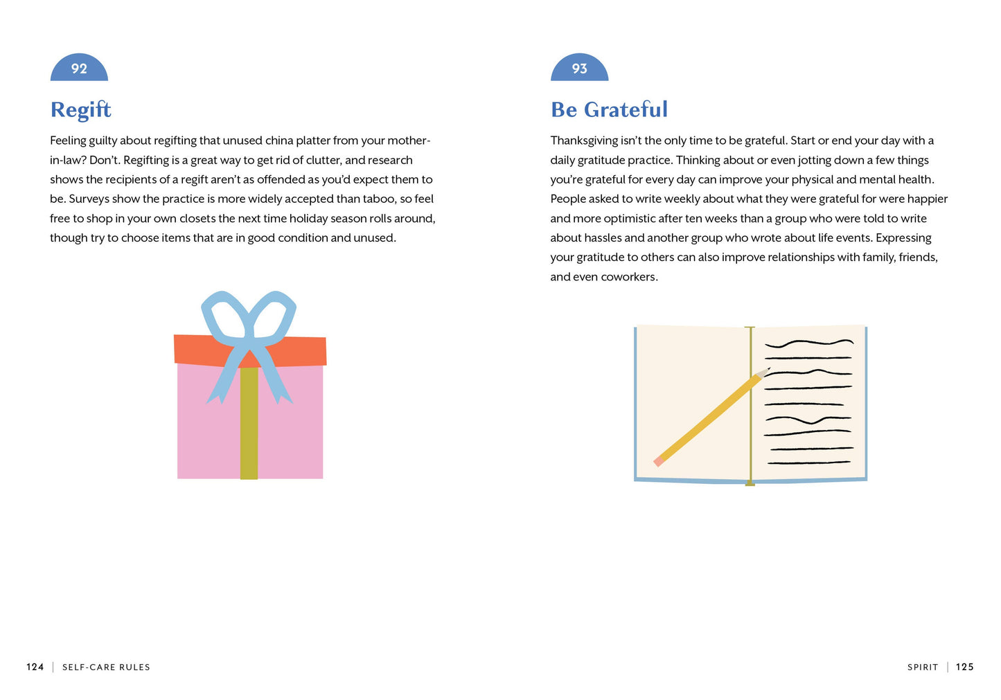 Page from a book with text and illustrations on gratitude and gift-giving.