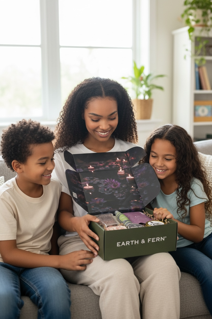 A women smiling sitting with her kids, receiving a weekend reset self care box for Mothers Day