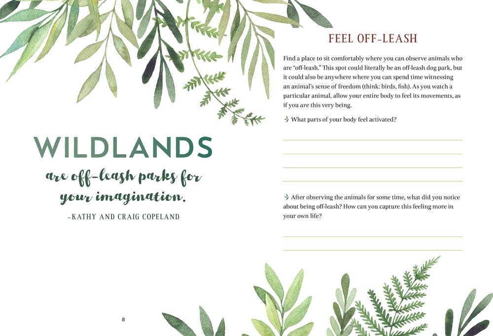 Wild Calm: Finding Mindfulness in Forest Bathing guided journal cover, designed for capturing reflections and mental wellness during forest bathing experiences. Interior prompts with blank area to journal your thoughts.